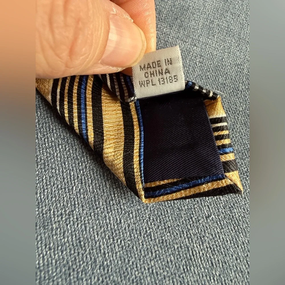 VTG Pierre Cardin Men’s 100% Silk Neck Tie Gold Blue Black Silver Striped Retro